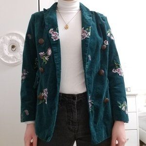 Corduroy teal blazer with floral embroidery